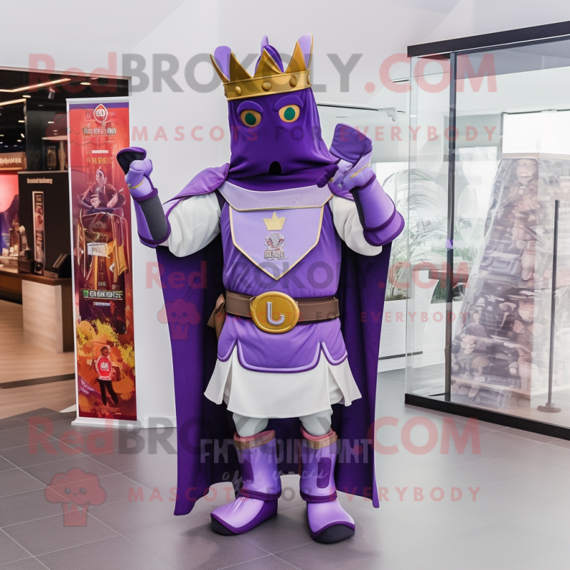 Purple Medieval Knight mascot costume character dressed with a Joggers and Scarf clips Purple Medieval Knight mascot costume character dressed with a Joggers and Scarf clips