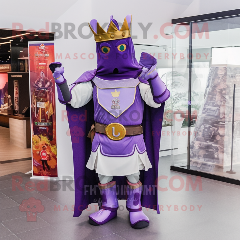 Purple Medieval Knight mascot costume character dressed with a Joggers and Scarf clips