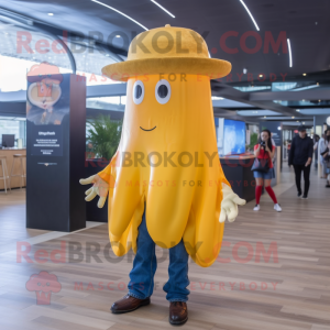 Gold Jellyfish mascot costume character dressed with a Bootcut Jeans and Hats