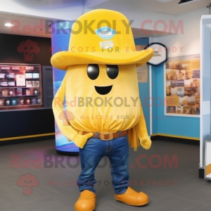 Gold Jellyfish mascot costume character dressed with a Bootcut Jeans and Hats