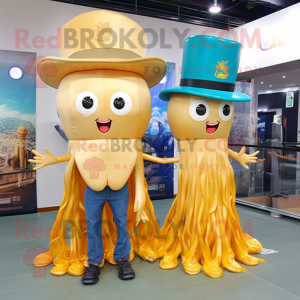 Gold Jellyfish mascot costume character dressed with a Bootcut Jeans and Hats