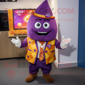 Purple Nachos mascot costume character dressed with a Waistcoat and Tie pins