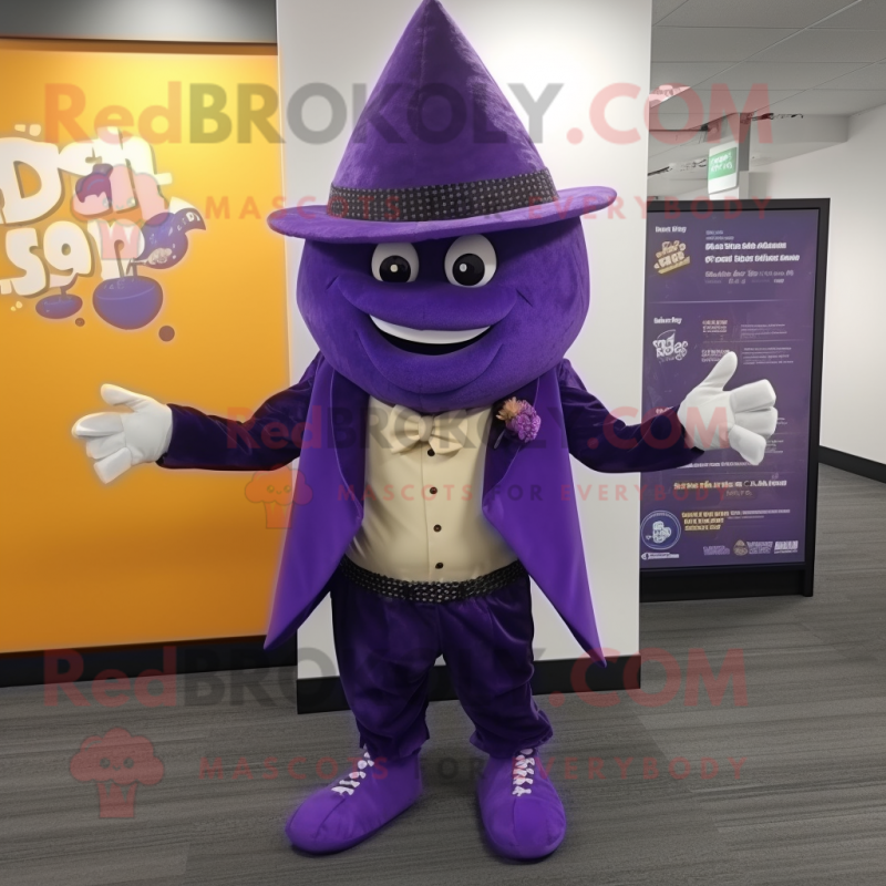 Purple Nachos mascot costume character dressed with a Waistcoat and Tie pins