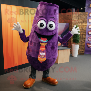 Purple Nachos mascot costume character dressed with a Waistcoat and Tie pins