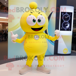 Lemon Yellow Engagement Ring mascot costume character dressed with a Long Sleeve Tee and Smartwatches