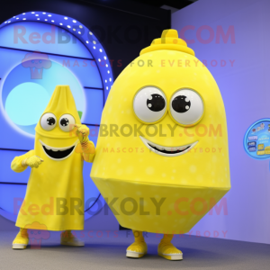 Lemon Yellow Engagement Ring mascot costume character dressed with a Long Sleeve Tee and Smartwatches