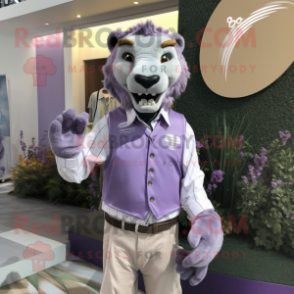 Lavender Smilodon mascot costume character dressed with a Polo Shirt and Pocket squares