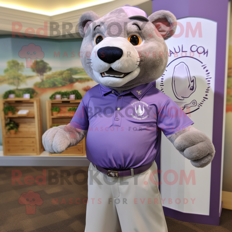 Lavender Smilodon mascot costume character dressed with a Polo Shirt and Pocket squares