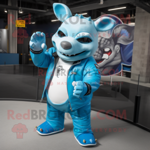 Sky Blue Rhinoceros mascot costume character dressed with a Moto Jacket and Rings