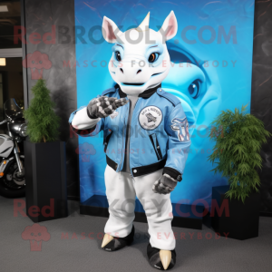 Sky Blue Rhinoceros mascot costume character dressed with a Moto Jacket and Rings