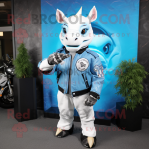 Sky Blue Rhinoceros mascot costume character dressed with a Moto Jacket and Rings