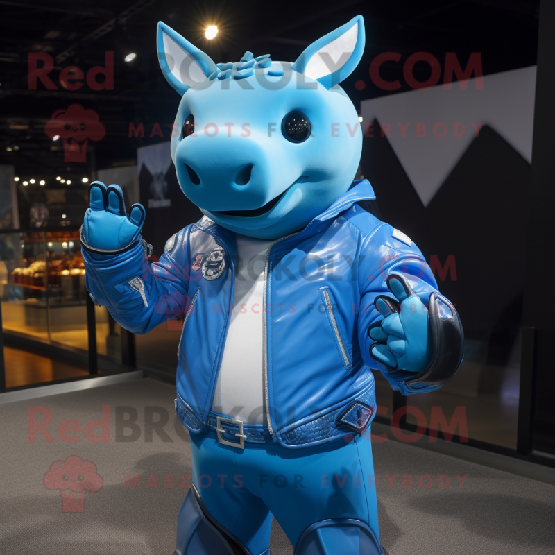 Sky Blue Rhinoceros mascot costume character dressed with a Moto Jacket and Rings