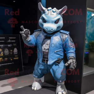 Sky Blue Rhinoceros mascot costume character dressed with a Moto Jacket and Rings