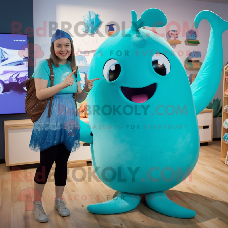 Turquoise Narwhal mascot costume character dressed with a Shift Dress and Belts