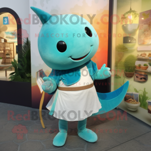 Turquoise Narwhal mascot costume character dressed with a Shift Dress and Belts