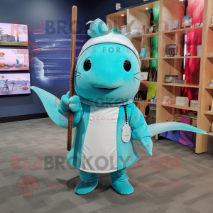 Turquoise Narwhal mascot costume character dressed with a Shift Dress and Belts