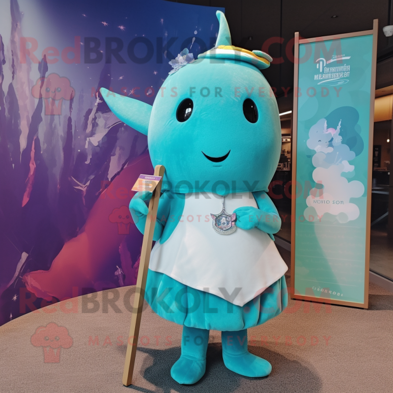 Turquoise Narwhal mascot costume character dressed with a Shift Dress and Belts