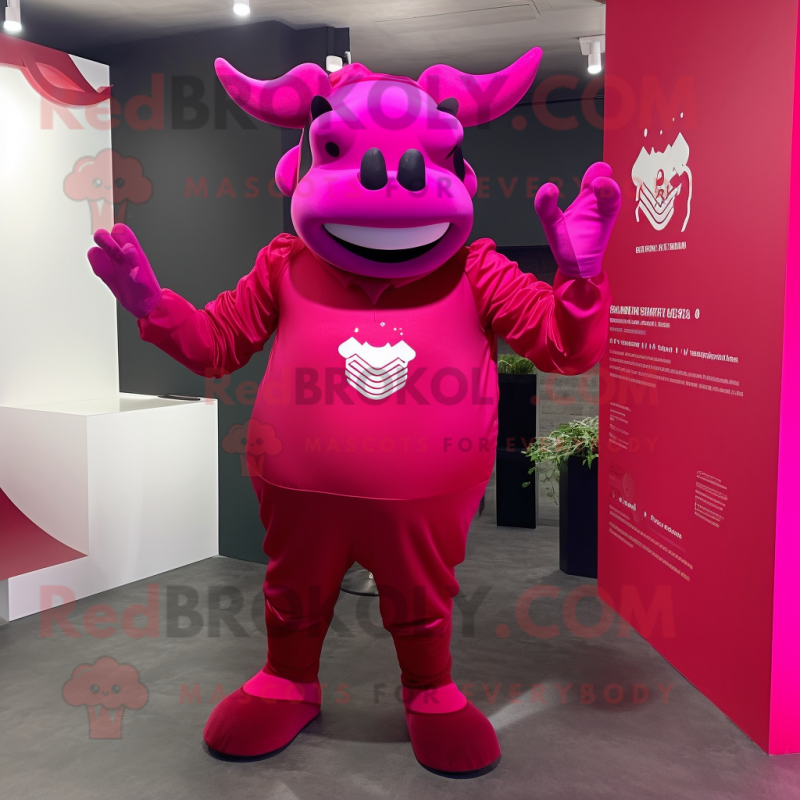 Magenta Bull mascot costume character dressed with a Bodysuit and Gloves