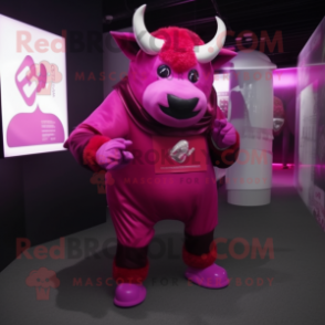 Magenta Bull mascot costume character dressed with a Bodysuit and Gloves