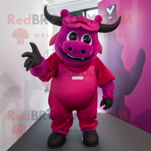 Magenta Bull mascot costume character dressed with a Bodysuit and Gloves