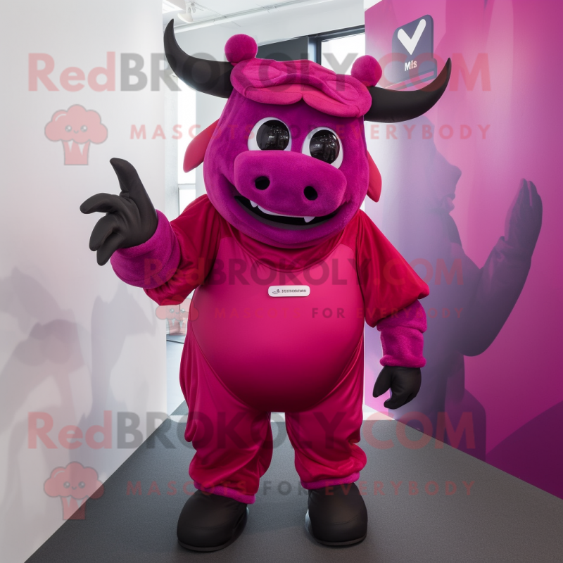 Magenta Bull mascot costume character dressed with a Bodysuit and Gloves Magenta Bull mascot costume character dressed with a Bodysuit and Gloves