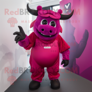 Magenta Bull mascot costume character dressed with a Bodysuit and Gloves