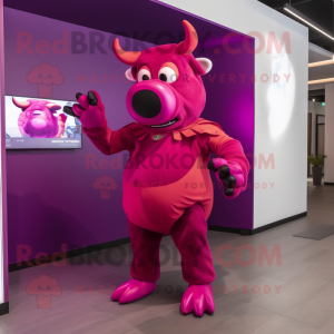 Magenta Bull mascot costume character dressed with a Bodysuit and Gloves