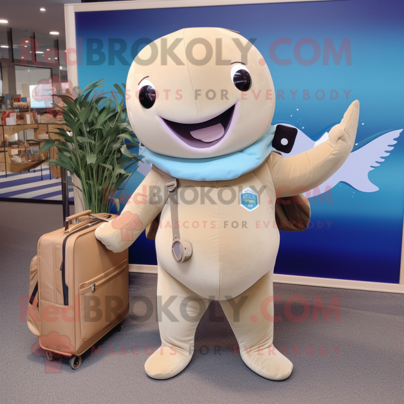 Tan Narwhal mascot costume character dressed with a Playsuit and Briefcases Tan Narwhal mascot costume character dressed with a Playsuit and Briefcases