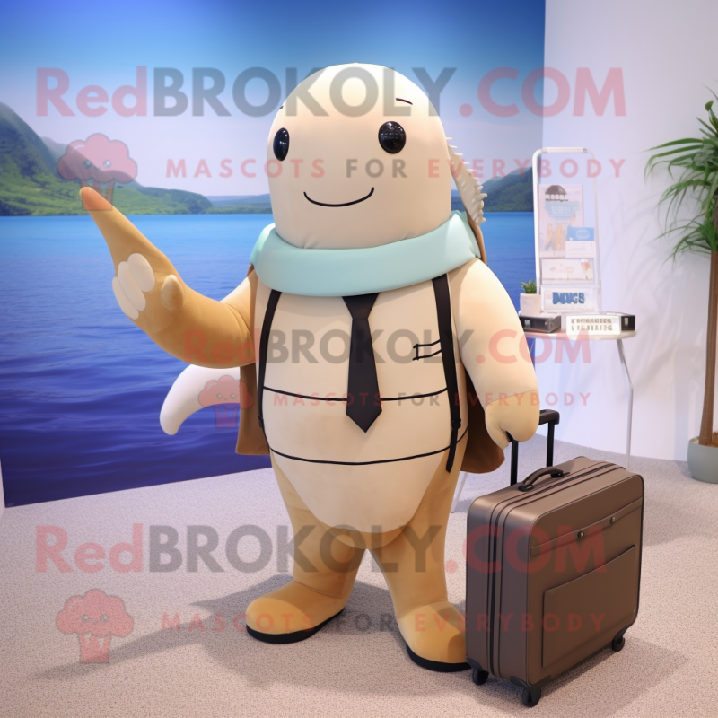 Tan Narwhal mascot costume character dressed with a Playsuit and Briefcases