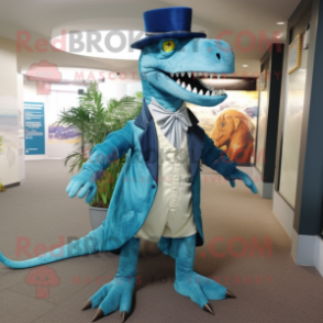 Cyan Spinosaurus mascot costume character dressed with a Dress Pants and Hats