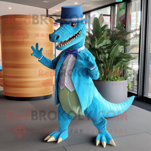 Cyan Spinosaurus mascot costume character dressed with a Dress Pants and Hats