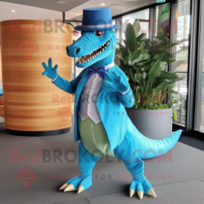 Cyan Spinosaurus mascot costume character dressed with a Dress Pants and Hats