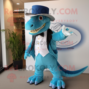 Cyan Spinosaurus mascot costume character dressed with a Dress Pants and Hats