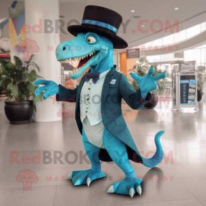 Cyan Spinosaurus mascot costume character dressed with a Dress Pants and Hats