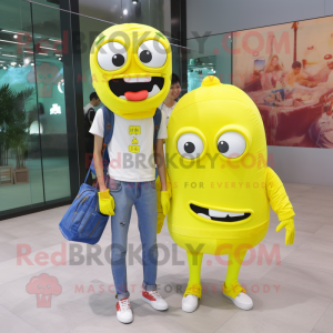 Lemon Yellow Undead mascot costume character dressed with a Boyfriend Jeans and Messenger bags
