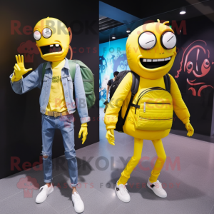 Lemon Yellow Undead mascot costume character dressed with a Boyfriend Jeans and Messenger bags