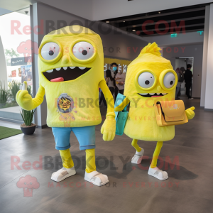 Lemon Yellow Undead mascot costume character dressed with a Boyfriend Jeans and Messenger bags