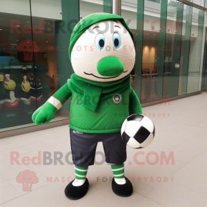Forest Green Rugby Ball mascot costume character dressed with a Windbreaker and Scarves