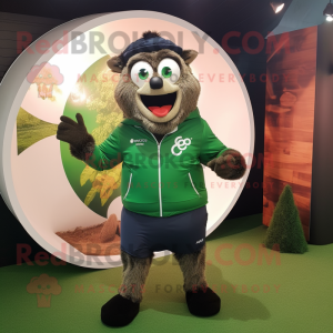Forest Green Rugby Ball mascot costume character dressed with a Windbreaker and Scarves