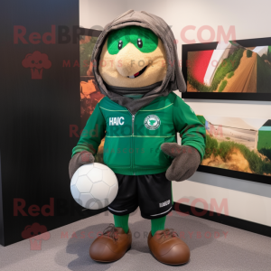 Forest Green Rugby Ball mascot costume character dressed with a Windbreaker and Scarves