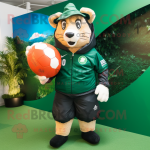 Forest Green Rugby Ball mascot costume character dressed with a Windbreaker and Scarves