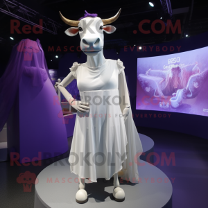 Purple Zebu mascot costume character dressed with a Wedding Dress and Shoe laces