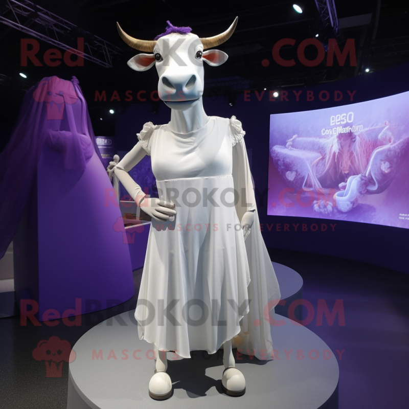 Purple Zebu mascot costume character dressed with a Wedding Dress and Shoe laces Purple Zebu mascot costume character dressed with a Wedding Dress and Shoe laces