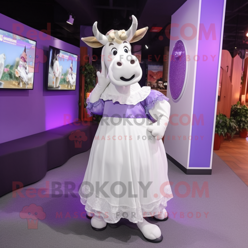 Purple Zebu mascot costume character dressed with a Wedding Dress and Shoe laces Purple Zebu mascot costume character dressed with a Wedding Dress and Shoe laces