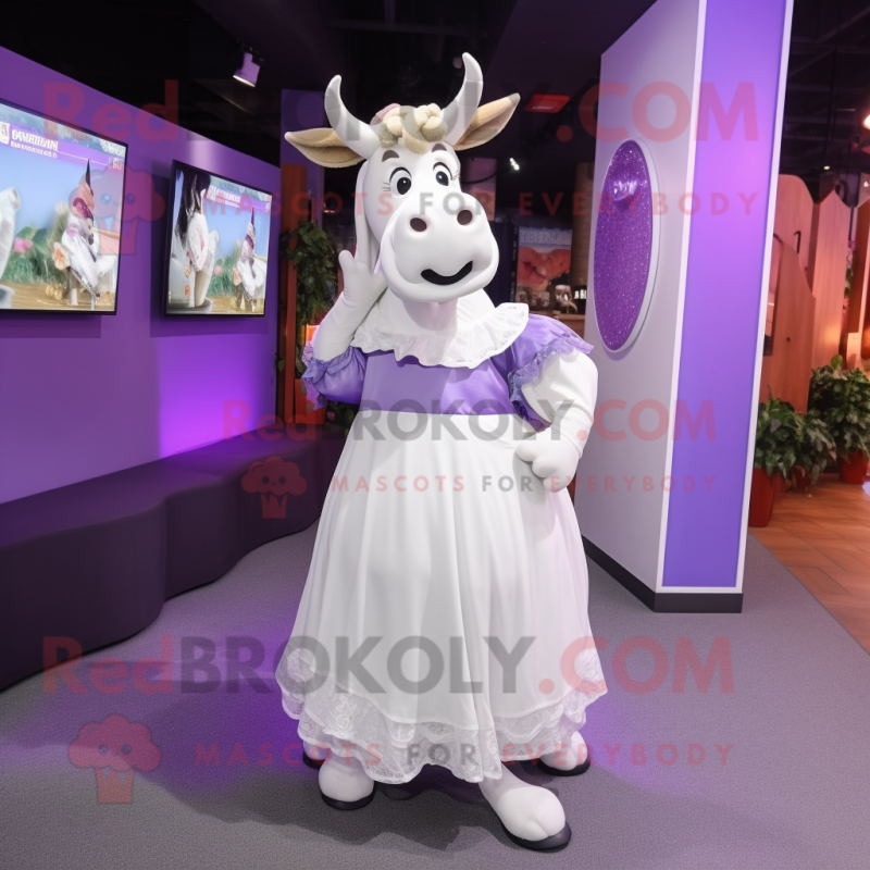 Purple Zebu mascot costume character dressed with a Wedding Dress and Shoe laces