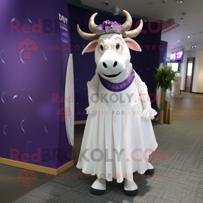 Purple Zebu mascot costume character dressed with a Wedding Dress and Shoe laces