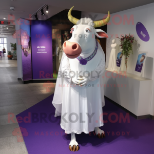 Purple Zebu mascot costume character dressed with a Wedding Dress and Shoe laces
