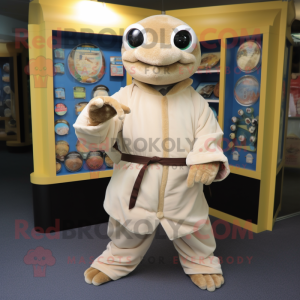 Cream Turtle mascot costume character dressed with a Cover-up and Keychains