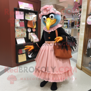 Peach Crow mascot costume character dressed with a Dress and Clutch bags