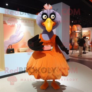 Peach Crow mascot costume character dressed with a Dress and Clutch bags